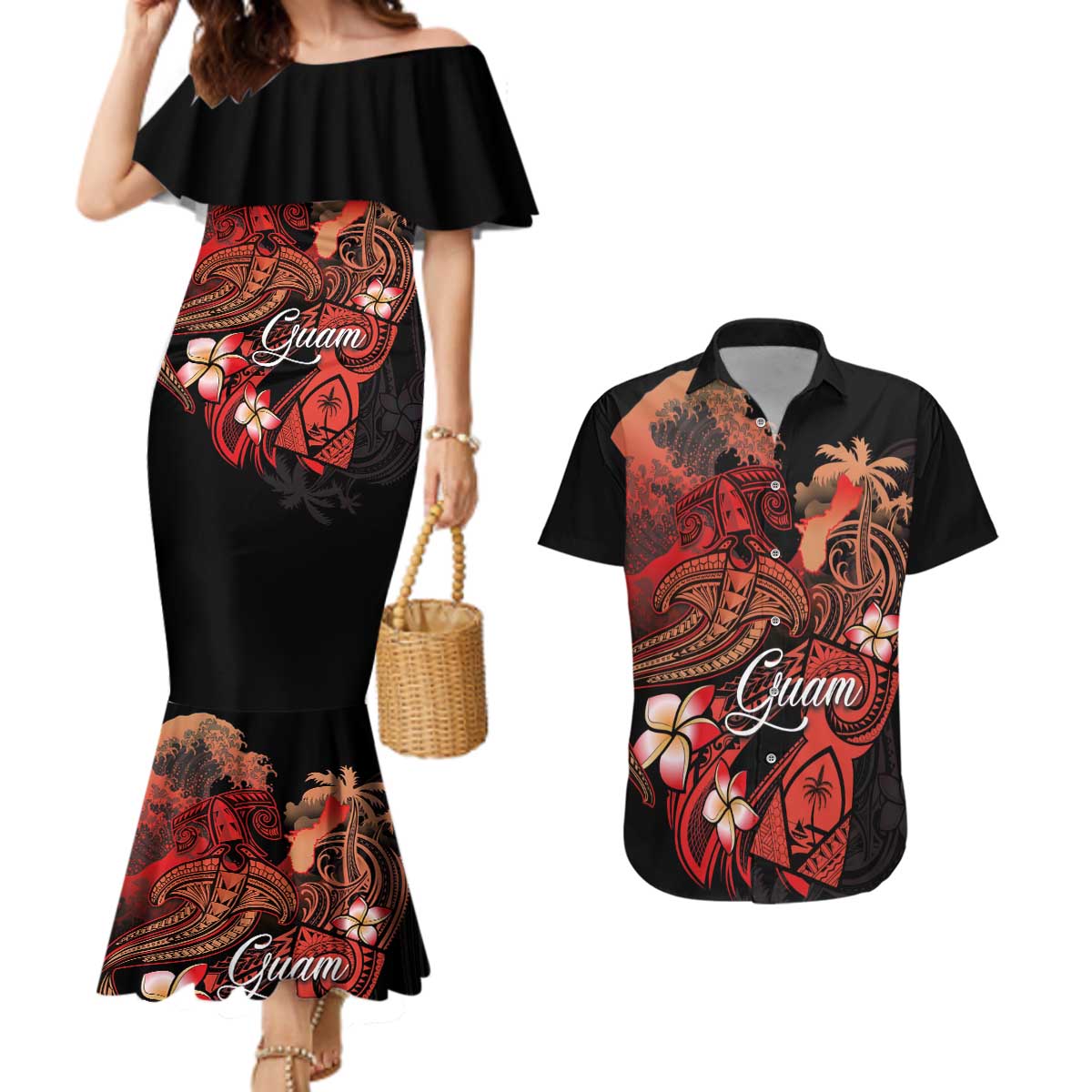 Guam Tribal Chamorro Couples Matching Mermaid Dress and Hawaiian Shirt Polynesian Shark with Plumeria and Sea Vibe LT03 Black - Polynesian Pride