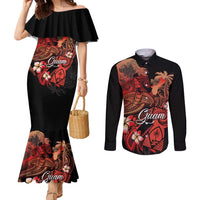Guam Tribal Chamorro Couples Matching Mermaid Dress and Long Sleeve Button Shirt Polynesian Shark with Plumeria and Sea Vibe LT03 Black - Polynesian Pride