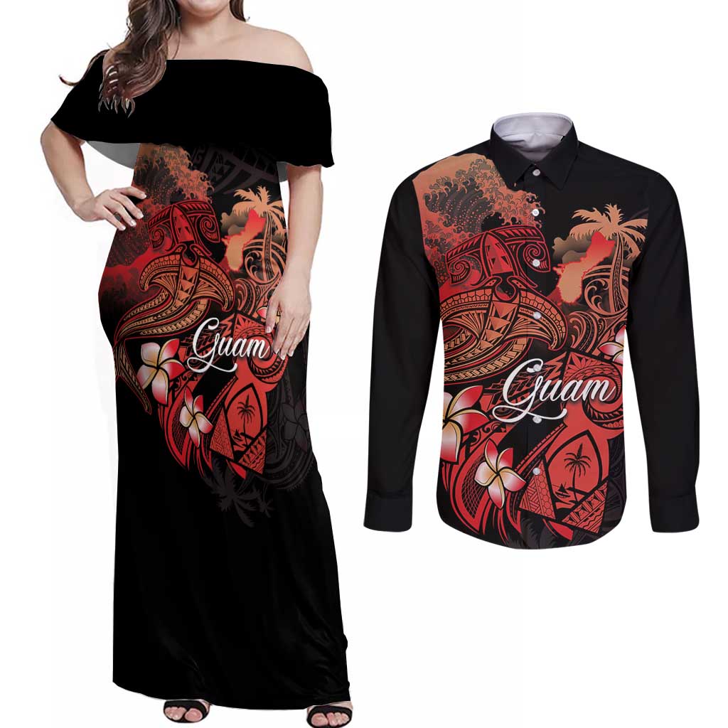 Guam Tribal Chamorro Couples Matching Off Shoulder Maxi Dress and Long Sleeve Button Shirt Polynesian Shark with Plumeria and Sea Vibe LT03 Black - Polynesian Pride