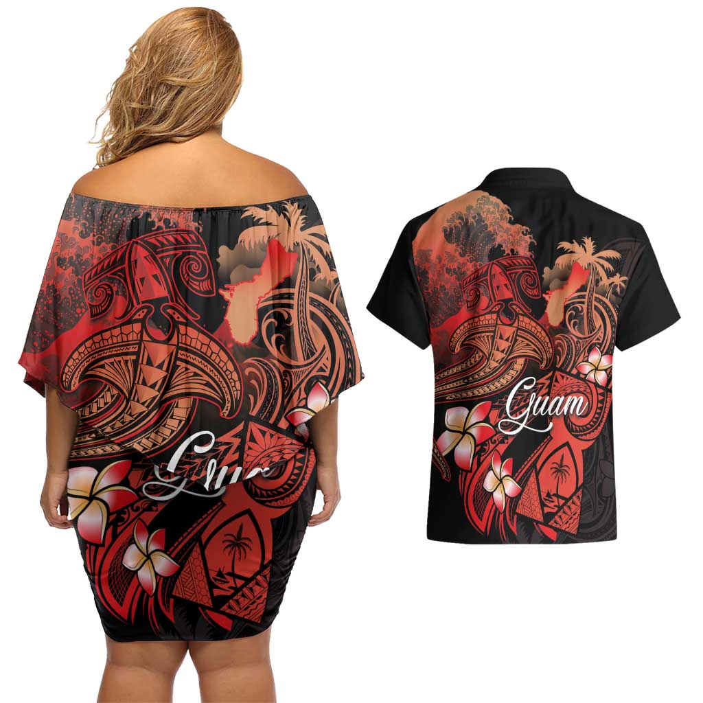 Guam Tribal Chamorro Couples Matching Off Shoulder Short Dress and Hawaiian Shirt Polynesian Shark with Plumeria and Sea Vibe LT03 - Polynesian Pride