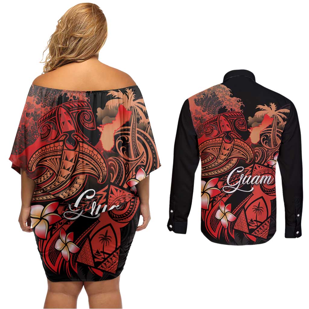 Guam Tribal Chamorro Couples Matching Off Shoulder Short Dress and Long Sleeve Button Shirt Polynesian Shark with Plumeria and Sea Vibe LT03 - Polynesian Pride