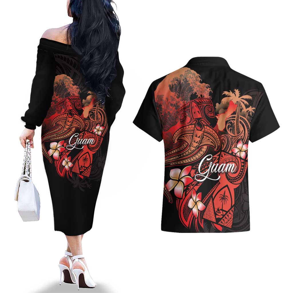 Guam Tribal Chamorro Couples Matching Off The Shoulder Long Sleeve Dress and Hawaiian Shirt Polynesian Shark with Plumeria and Sea Vibe LT03 - Polynesian Pride