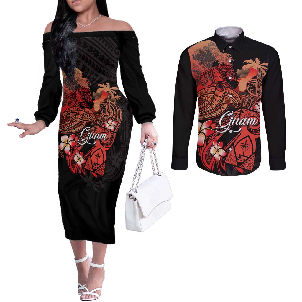 Guam Tribal Chamorro Couples Matching Off The Shoulder Long Sleeve Dress and Long Sleeve Button Shirt Polynesian Shark with Plumeria and Sea Vibe - Polynesian Pride