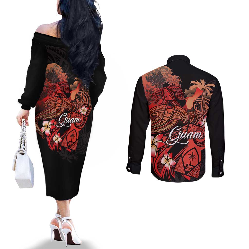 Guam Tribal Chamorro Couples Matching Off The Shoulder Long Sleeve Dress and Long Sleeve Button Shirt Polynesian Shark with Plumeria and Sea Vibe LT03 - Polynesian Pride