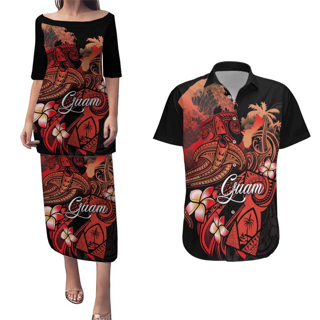 Guam Tribal Chamorro Couples Matching Puletasi and Hawaiian Shirt Polynesian Shark with Plumeria and Sea Vibe LT03 Black - Polynesian Pride