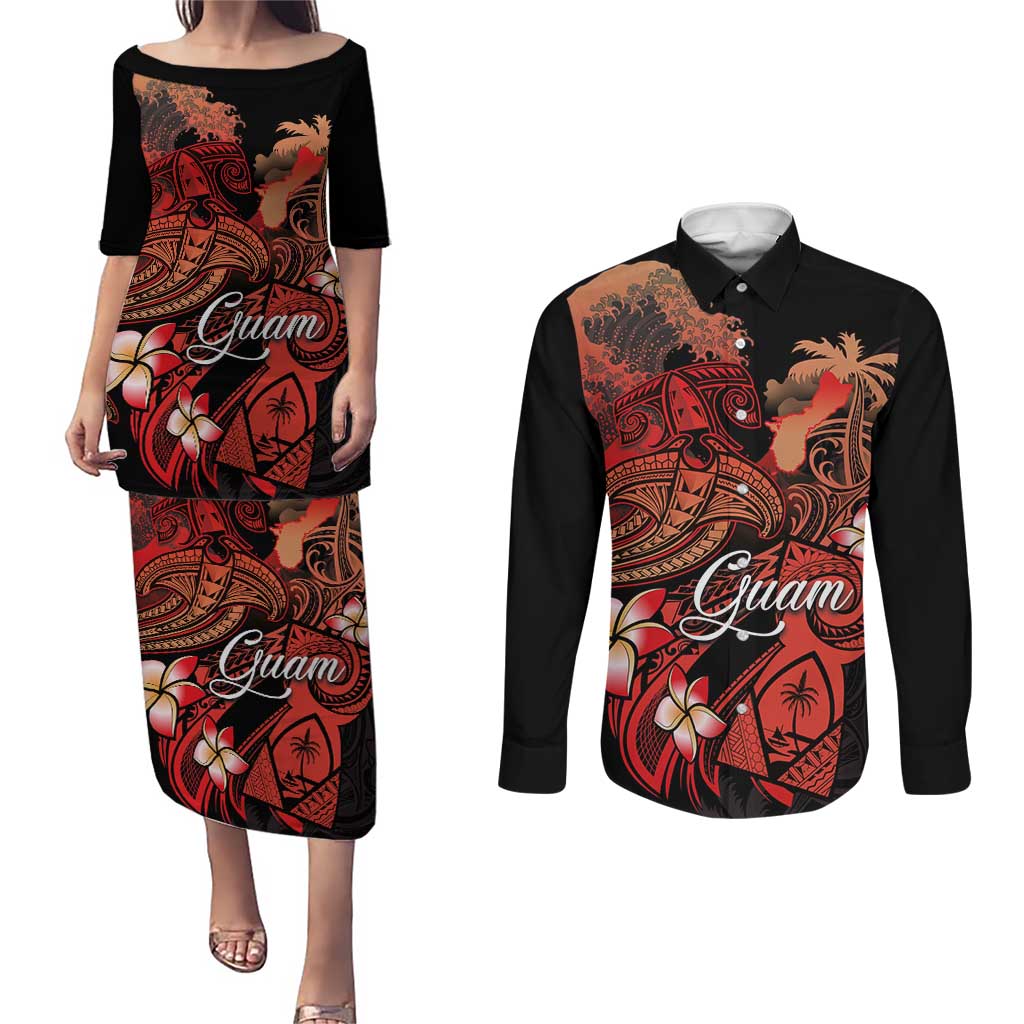 Guam Tribal Chamorro Couples Matching Puletasi and Long Sleeve Button Shirt Polynesian Shark with Plumeria and Sea Vibe - Polynesian Pride