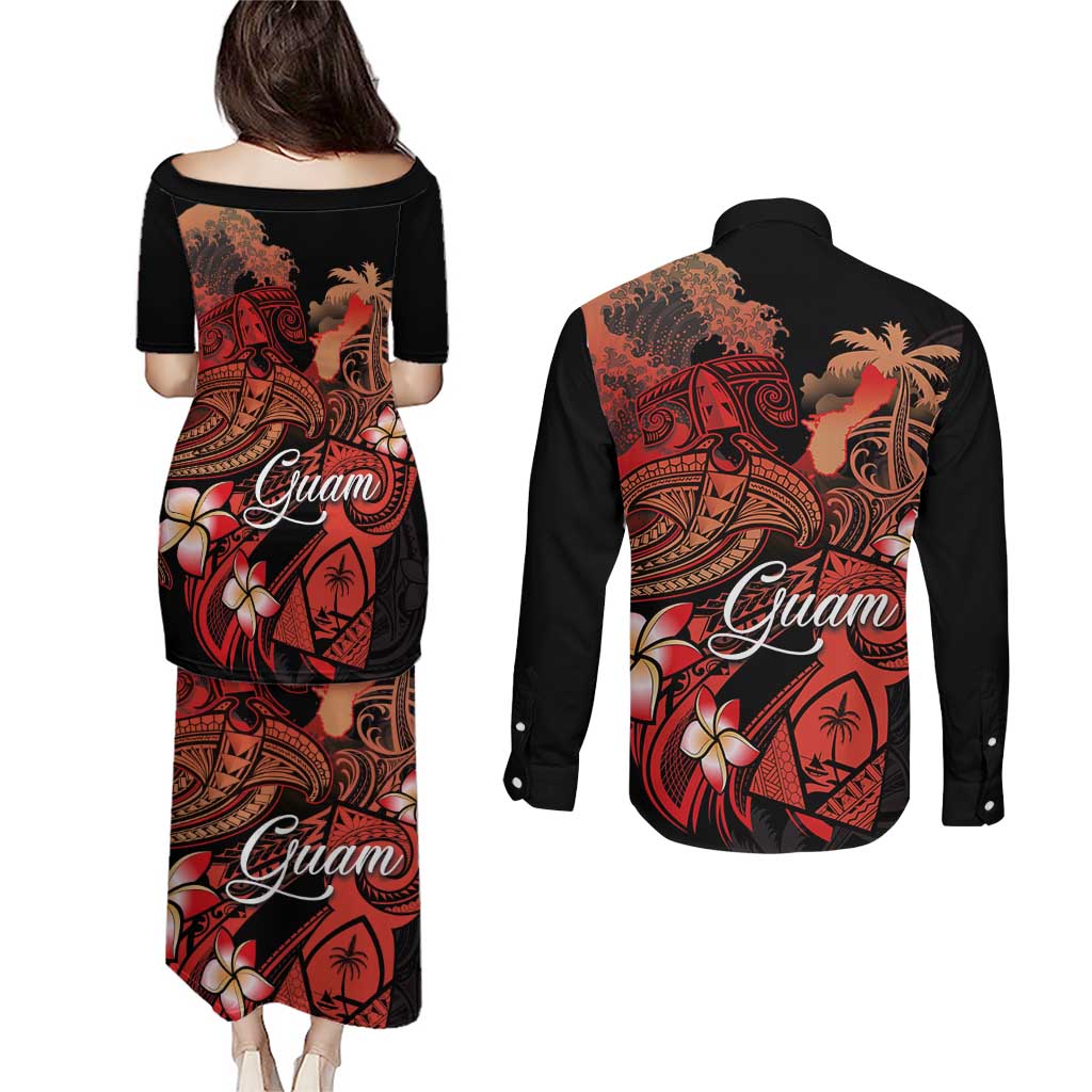 Guam Tribal Chamorro Couples Matching Puletasi and Long Sleeve Button Shirt Polynesian Shark with Plumeria and Sea Vibe - Polynesian Pride