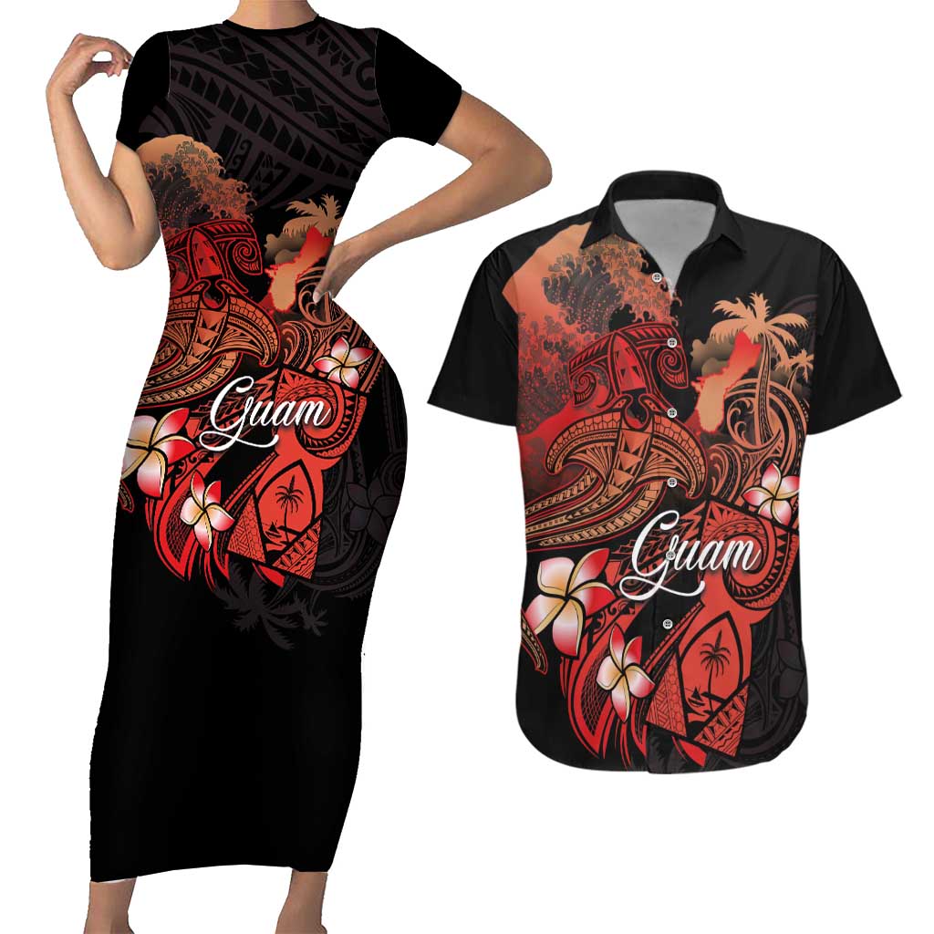 Guam Tribal Chamorro Couples Matching Short Sleeve Bodycon Dress and Hawaiian Shirt Polynesian Shark with Plumeria and Sea Vibe LT03 Black - Polynesian Pride