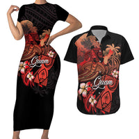 Guam Tribal Chamorro Couples Matching Short Sleeve Bodycon Dress and Hawaiian Shirt Polynesian Shark with Plumeria and Sea Vibe LT03 Black - Polynesian Pride