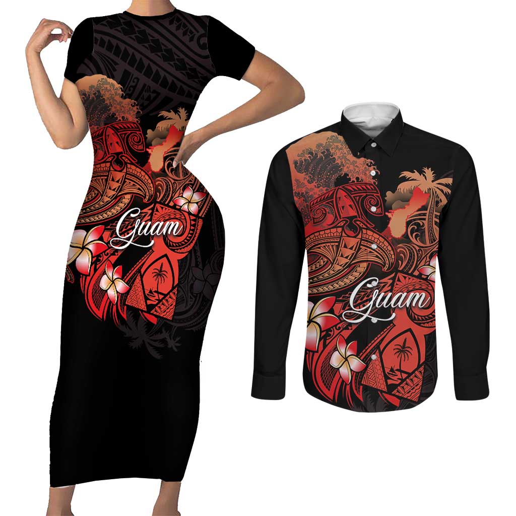 Guam Tribal Chamorro Couples Matching Short Sleeve Bodycon Dress and Long Sleeve Button Shirt Polynesian Shark with Plumeria and Sea Vibe - Polynesian Pride