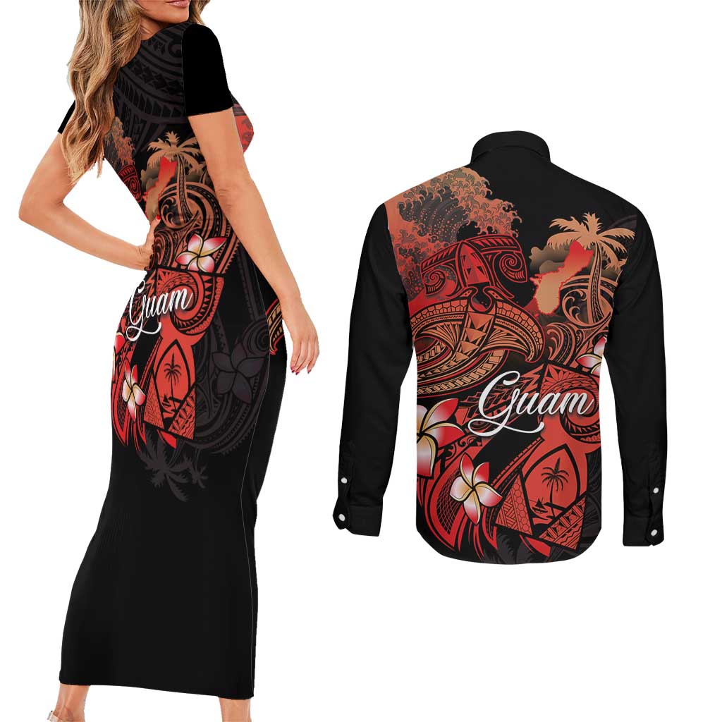 Guam Tribal Chamorro Couples Matching Short Sleeve Bodycon Dress and Long Sleeve Button Shirt Polynesian Shark with Plumeria and Sea Vibe LT03 - Polynesian Pride