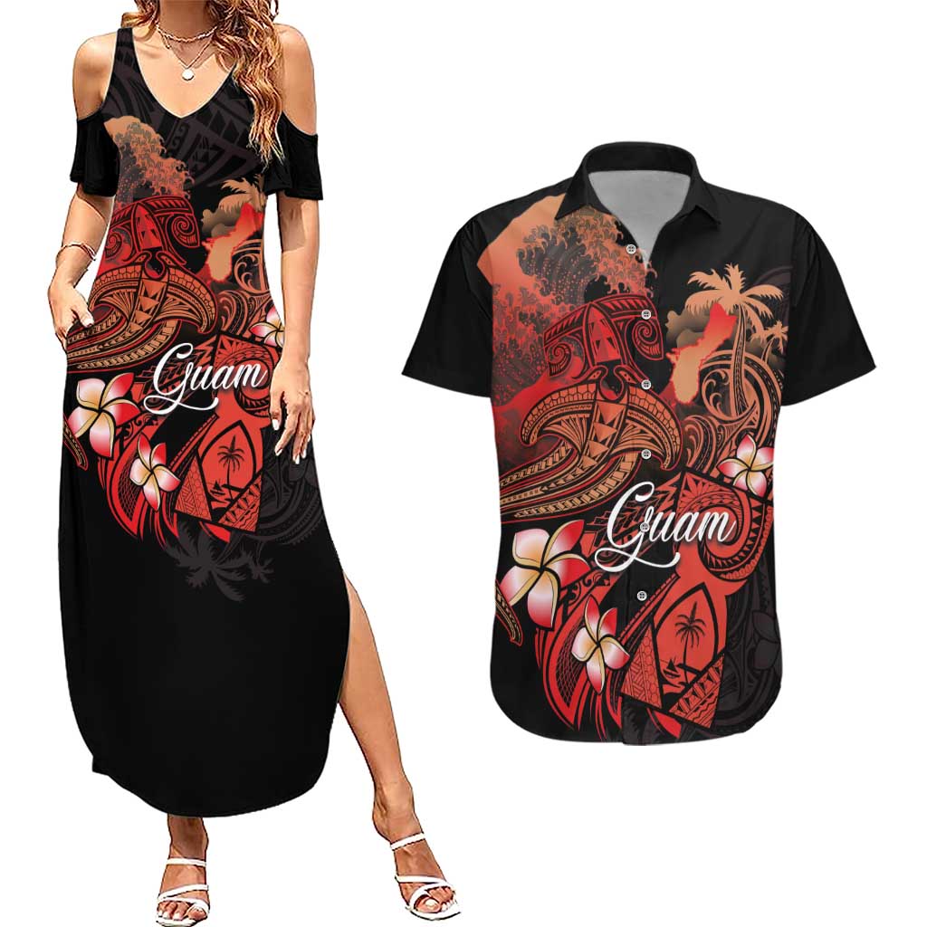 Guam Tribal Chamorro Couples Matching Summer Maxi Dress and Hawaiian Shirt Polynesian Shark with Plumeria and Sea Vibe - Polynesian Pride