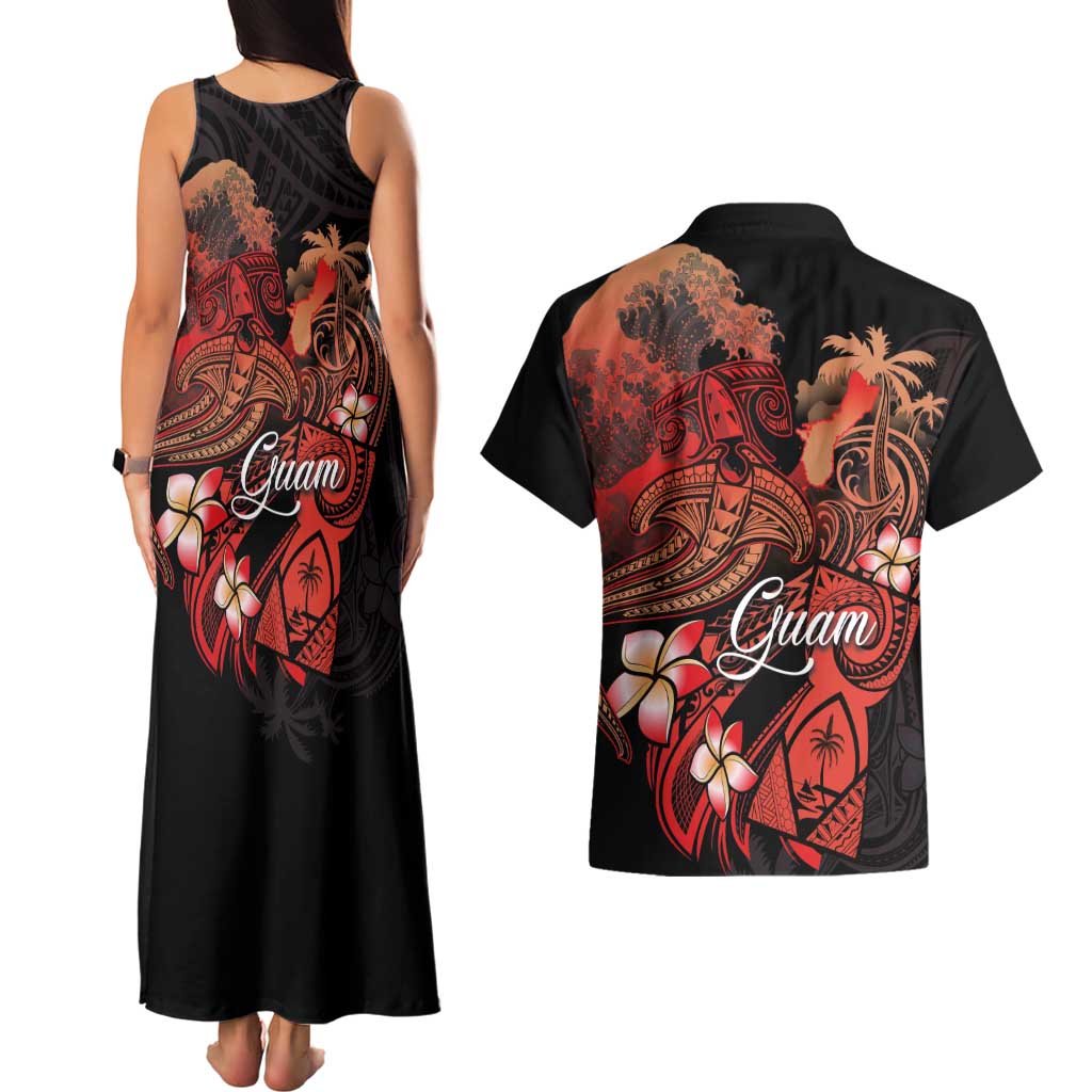 Guam Tribal Chamorro Couples Matching Tank Maxi Dress and Hawaiian Shirt Polynesian Shark with Plumeria and Sea Vibe LT03 - Polynesian Pride
