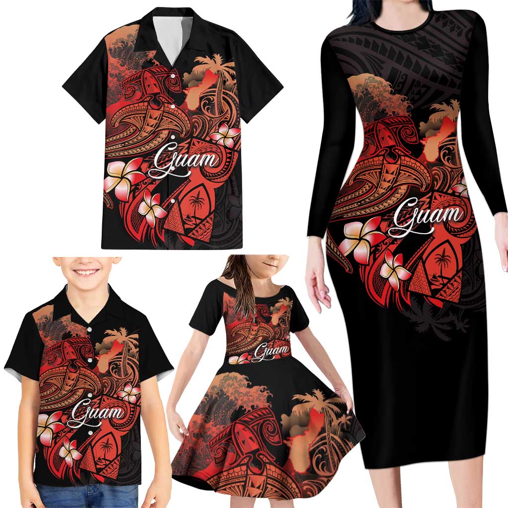 Guam Tribal Chamorro Family Matching Long Sleeve Bodycon Dress and Hawaiian Shirt Polynesian Shark with Plumeria and Sea Vibe LT03 - Polynesian Pride