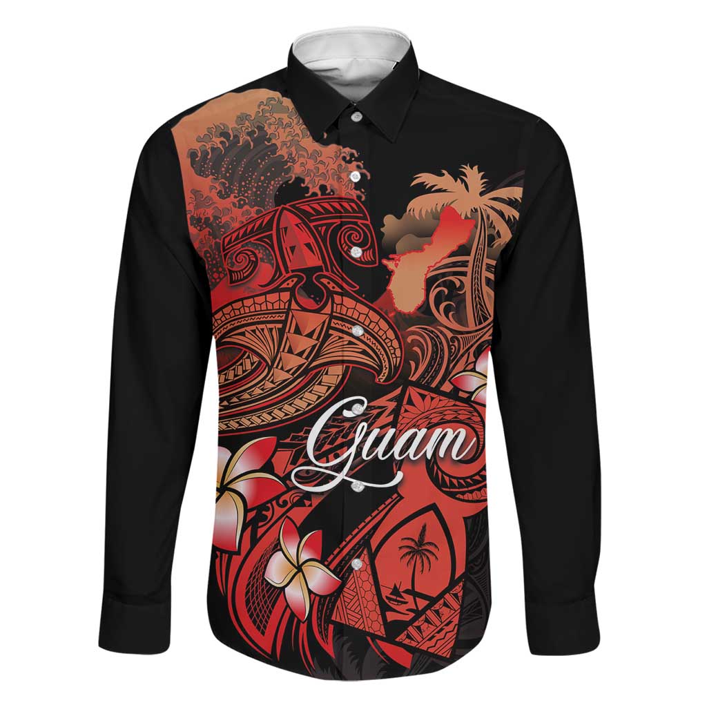 Guam Tribal Chamorro Family Matching Mermaid Dress and Hawaiian Shirt Polynesian Shark with Plumeria and Sea Vibe LT03 Dad's Shirt - Long Sleeve Black - Polynesian Pride