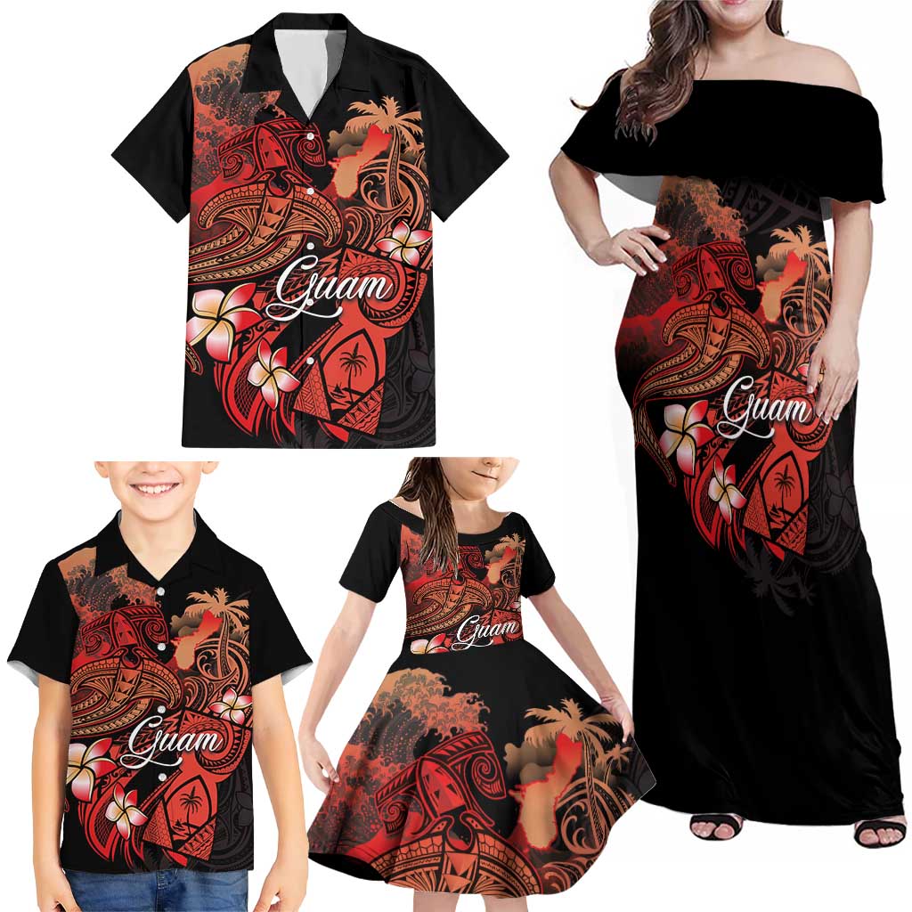 Guam Tribal Chamorro Family Matching Off Shoulder Maxi Dress and Hawaiian Shirt Polynesian Shark with Plumeria and Sea Vibe LT03 - Polynesian Pride
