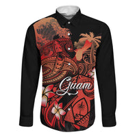 Guam Tribal Chamorro Family Matching Off Shoulder Maxi Dress and Hawaiian Shirt Polynesian Shark with Plumeria and Sea Vibe LT03 Dad's Shirt - Long Sleeve Black - Polynesian Pride
