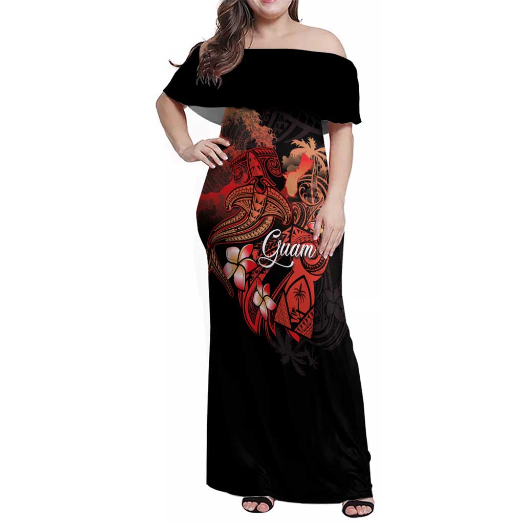 Guam Tribal Chamorro Family Matching Off Shoulder Maxi Dress and Hawaiian Shirt Polynesian Shark with Plumeria and Sea Vibe LT03 Mom's Dress Black - Polynesian Pride