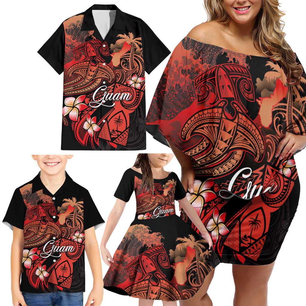 Guam Tribal Chamorro Family Matching Off Shoulder Short Dress and Hawaiian Shirt Polynesian Shark with Plumeria and Sea Vibe LT03 - Polynesian Pride