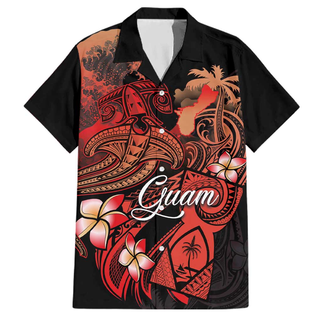 Guam Tribal Chamorro Family Matching Puletasi and Hawaiian Shirt Polynesian Shark with Plumeria and Sea Vibe LT03 Dad's Shirt - Short Sleeve Black - Polynesian Pride
