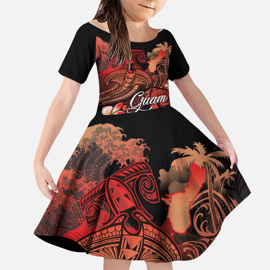 Guam Tribal Chamorro Family Matching Short Sleeve Bodycon Dress and Hawaiian Shirt Polynesian Shark with Plumeria and Sea Vibe LT03 Daughter's Dress Black - Polynesian Pride
