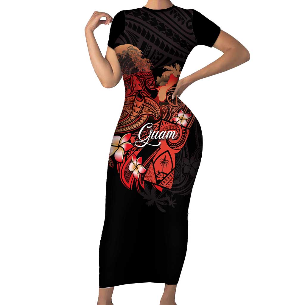 Guam Tribal Chamorro Family Matching Short Sleeve Bodycon Dress and Hawaiian Shirt Polynesian Shark with Plumeria and Sea Vibe LT03 Mom's Dress Black - Polynesian Pride