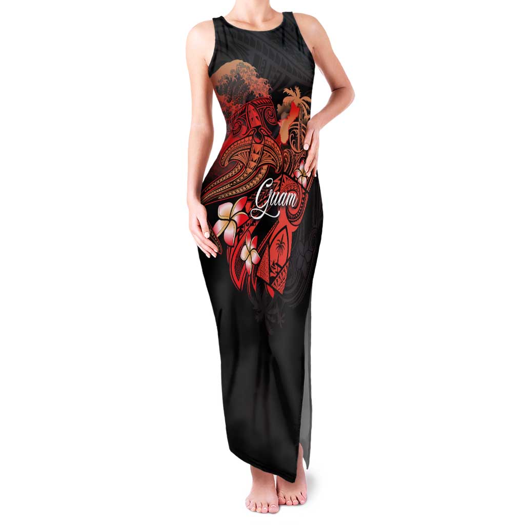 Guam Tribal Chamorro Family Matching Tank Maxi Dress and Hawaiian Shirt Polynesian Shark with Plumeria and Sea Vibe LT03 Mom's Dress Black - Polynesian Pride