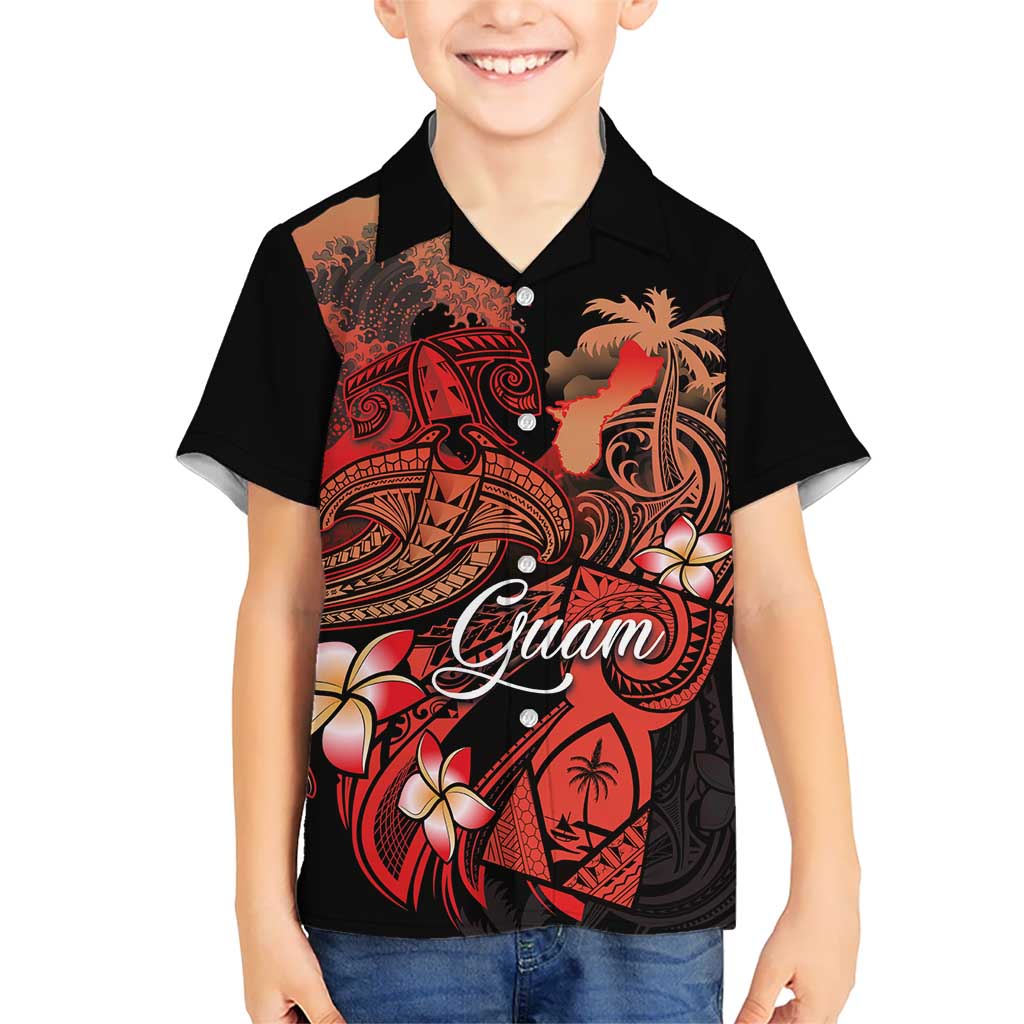Guam Tribal Chamorro Kid Hawaiian Shirt Polynesian Shark with Plumeria and Sea Vibe - Polynesian Pride