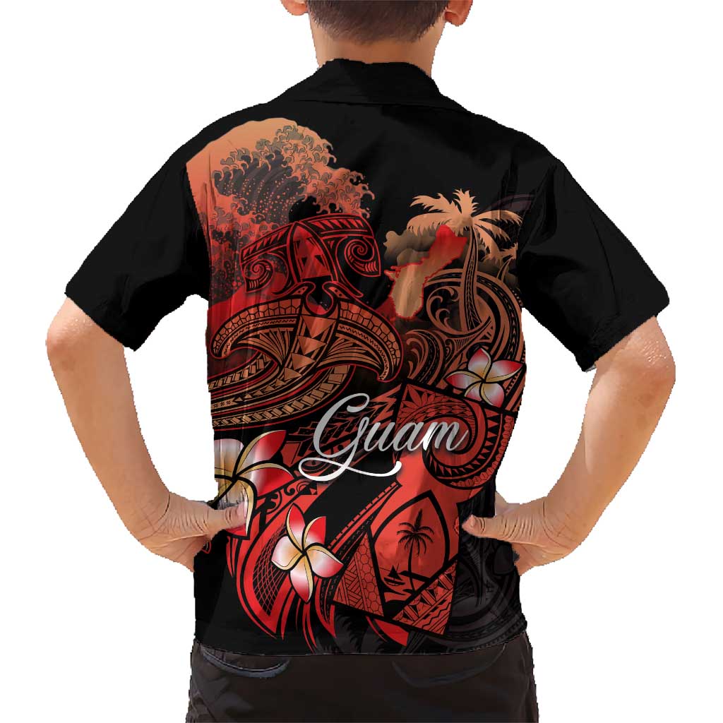 Guam Tribal Chamorro Kid Hawaiian Shirt Polynesian Shark with Plumeria and Sea Vibe - Polynesian Pride