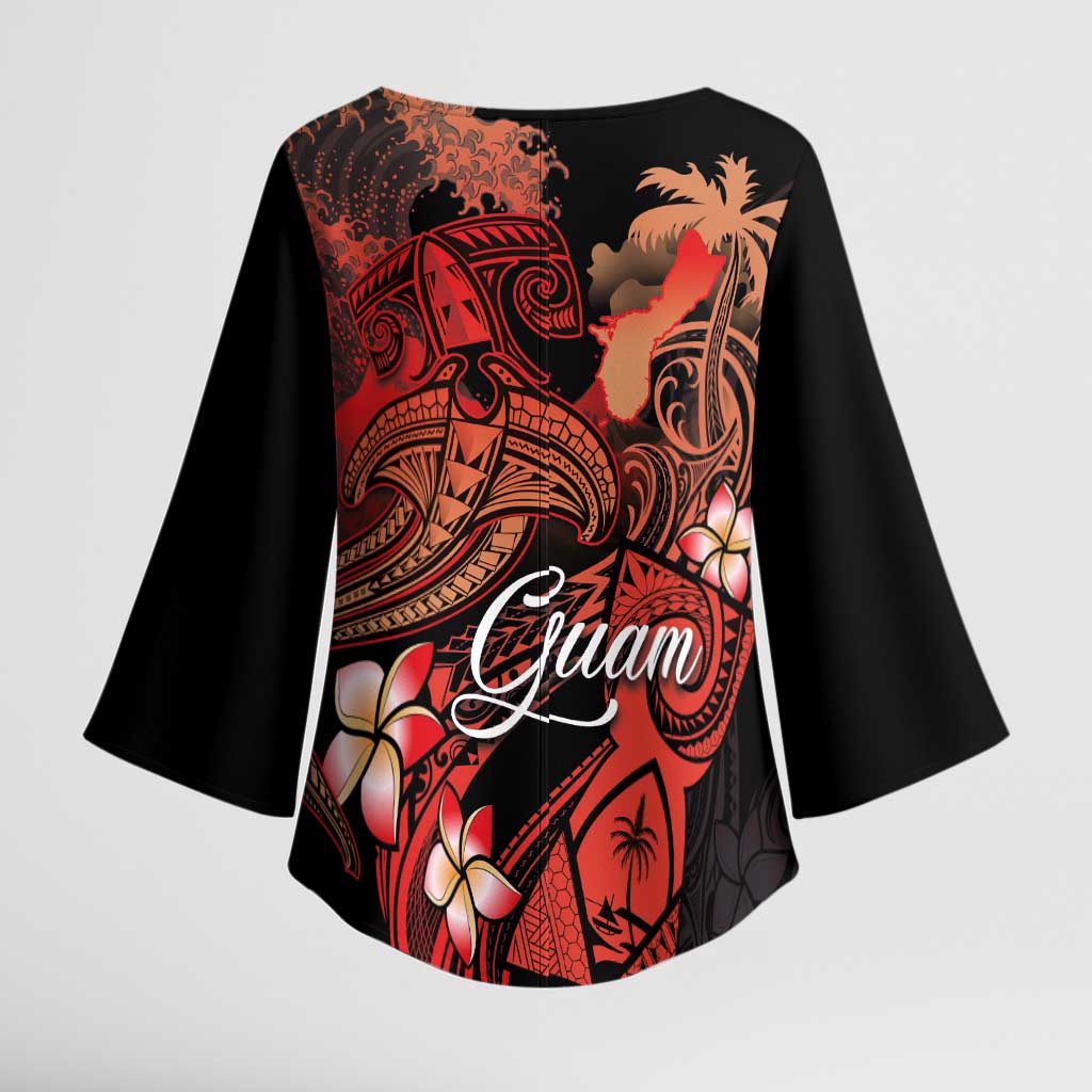 Guam Tribal Chamorro Kimono Sleeve Blouse Polynesian Shark with Plumeria and Sea Vibe - Polynesian Pride
