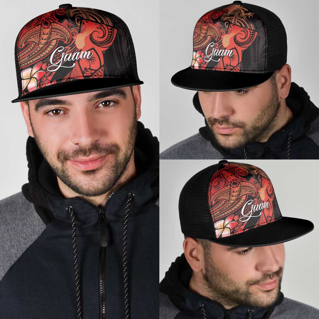 Guam Tribal Chamorro Mesh Trucker Cap Polynesian Shark with Plumeria and Sea Vibe - Polynesian Pride