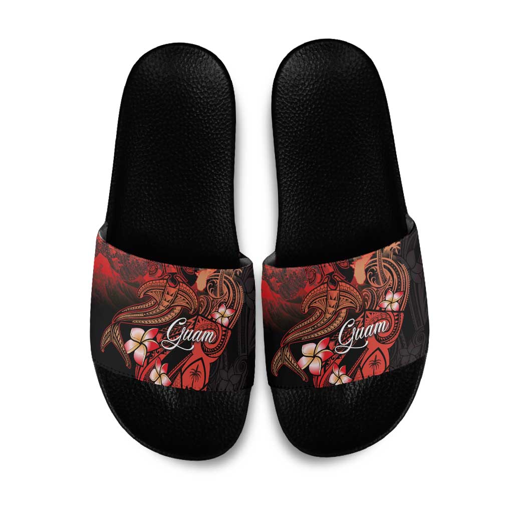 Guam Tribal Chamorro Slide Sandals Polynesian Shark with Plumeria and Sea Vibe - Polynesian Pride