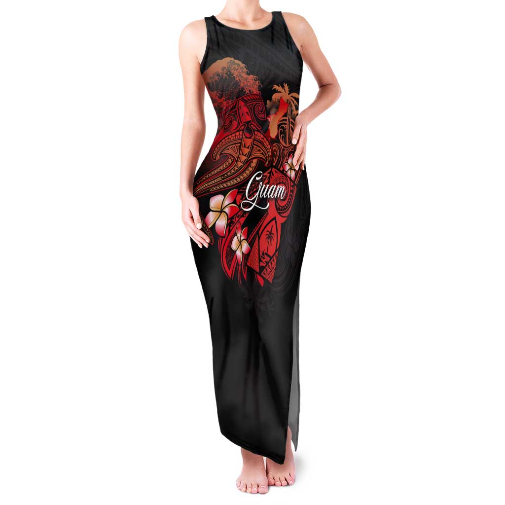 Guam Tribal Chamorro Tank Maxi Dress Polynesian Shark with Plumeria and Sea Vibe - Polynesian Pride