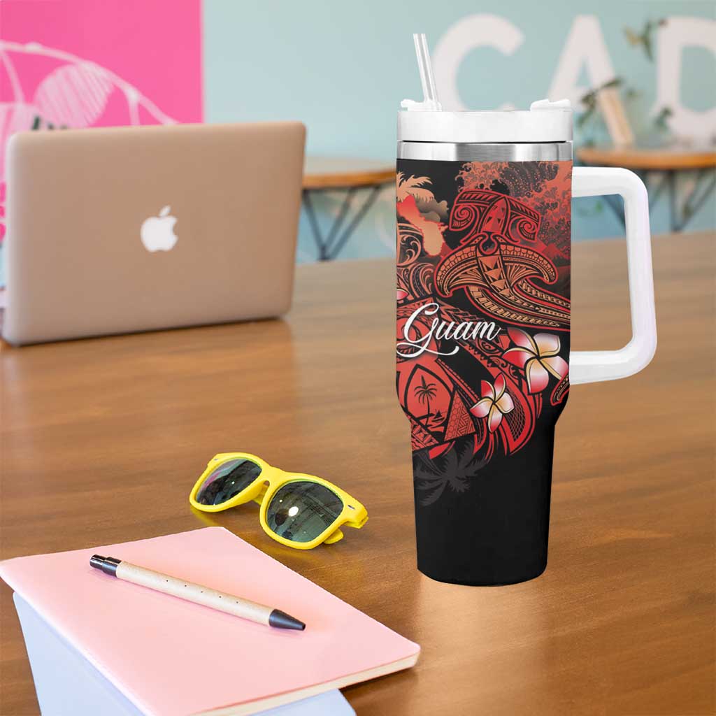 Guam Tribal Chamorro Tumbler With Handle Polynesian Shark with Plumeria and Sea Vibe - Polynesian Pride
