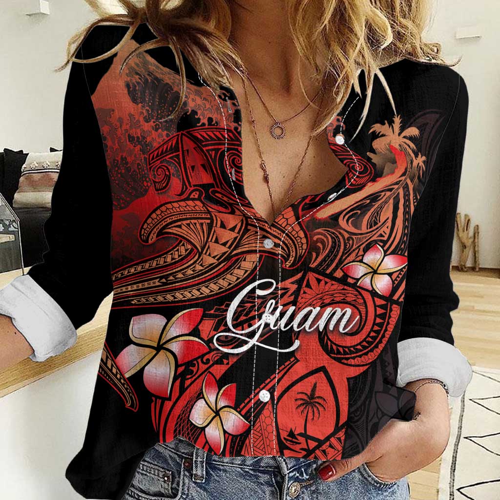 Guam Tribal Chamorro Women Casual Shirt Polynesian Shark with Plumeria and Sea Vibe LT03 Female Black - Polynesian Pride