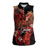 Guam Tribal Chamorro Women Sleeveless Polo Shirt Polynesian Shark with Plumeria and Sea Vibe LT03 Female Black - Polynesian Pride