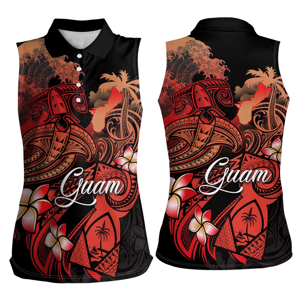Guam Tribal Chamorro Women Sleeveless Polo Shirt Polynesian Shark with Plumeria and Sea Vibe LT03 - Polynesian Pride