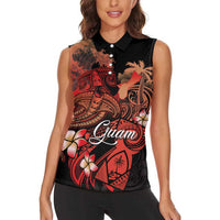 Guam Tribal Chamorro Women Sleeveless Polo Shirt Polynesian Shark with Plumeria and Sea Vibe LT03 - Polynesian Pride