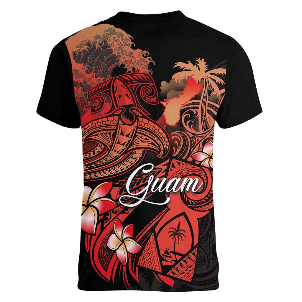 Guam Tribal Chamorro Women V-Neck T-Shirt Polynesian Shark with Plumeria and Sea Vibe LT03 - Polynesian Pride