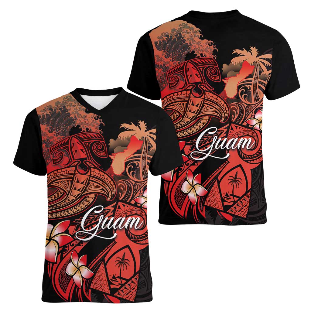 Guam Tribal Chamorro Women V-Neck T-Shirt Polynesian Shark with Plumeria and Sea Vibe LT03 - Polynesian Pride