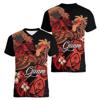 Guam Tribal Chamorro Women V-Neck T-Shirt Polynesian Shark with Plumeria and Sea Vibe LT03 - Polynesian Pride