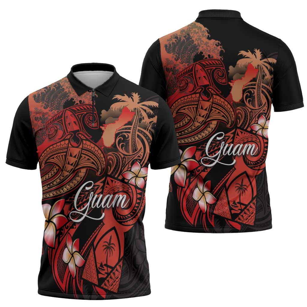 Guam Tribal Chamorro Zipper Polo Shirt Polynesian Shark with Plumeria and Sea Vibe - Polynesian Pride