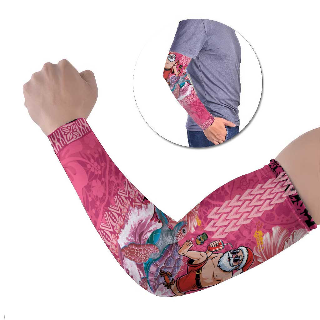 Hawaii Mele Kalikimaka Arm Sleeves Funny Santa with Tribal Tattoos Kakau Pink Color LT03 Set of 2 Pink - Polynesian Pride