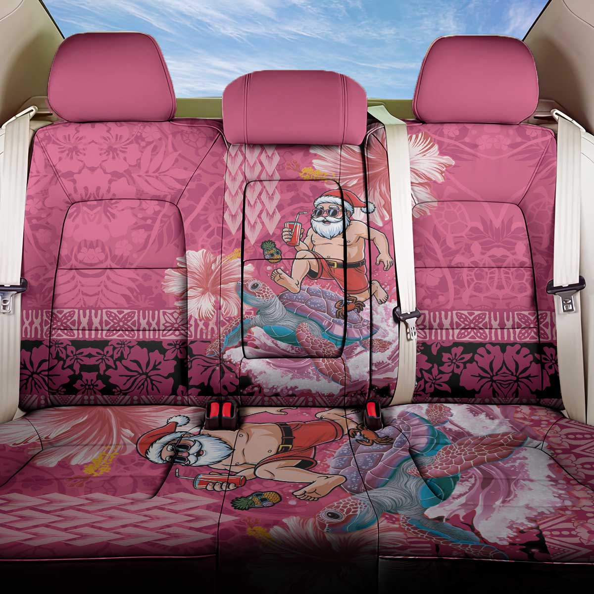Hawaii Mele Kalikimaka Back Car Seat Cover Funny Santa with Tribal Tattoos Kakau Pink Color LT03 One Size Pink - Polynesian Pride