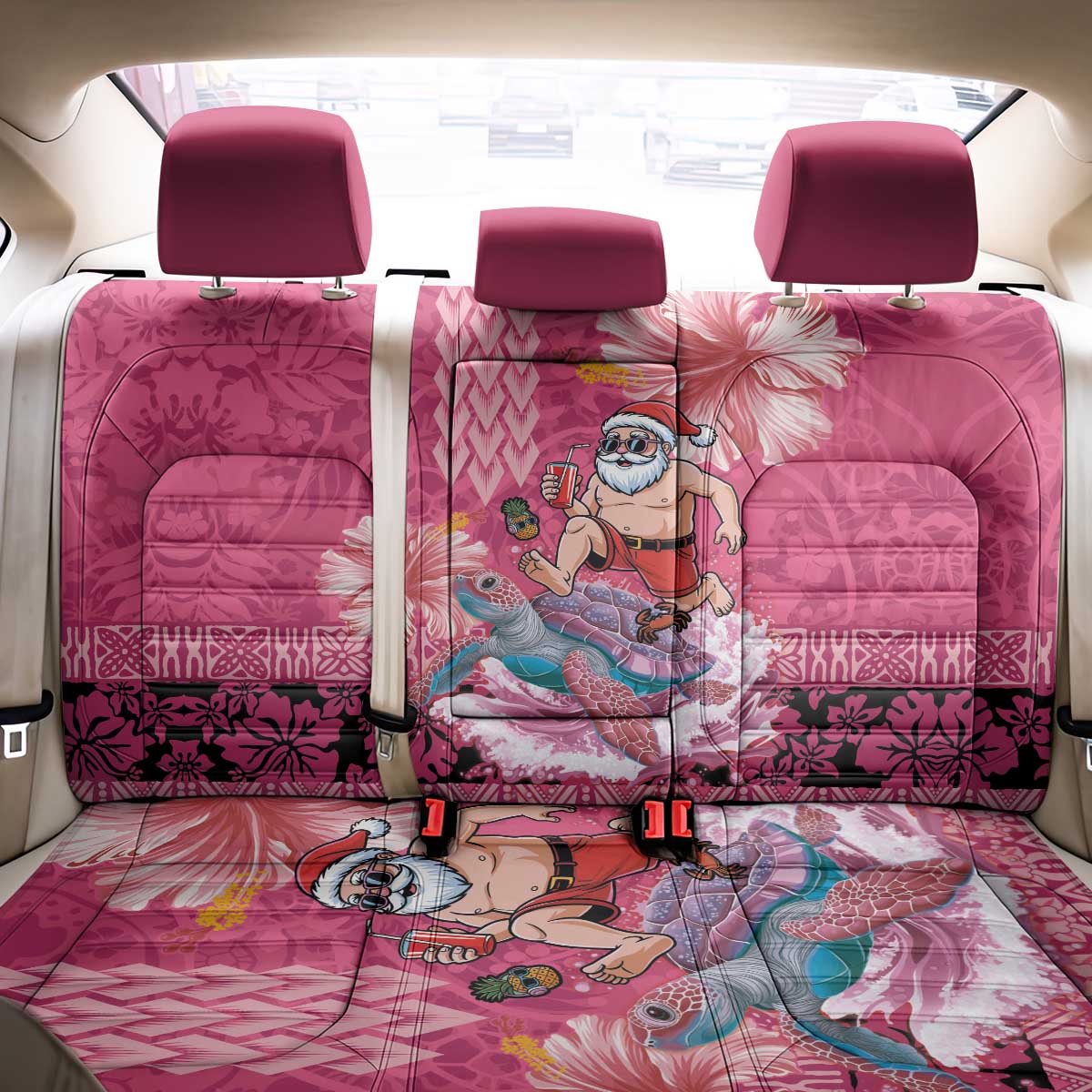 Hawaii Mele Kalikimaka Back Car Seat Cover Funny Santa with Tribal Tattoos Kakau Pink Color LT03 - Polynesian Pride