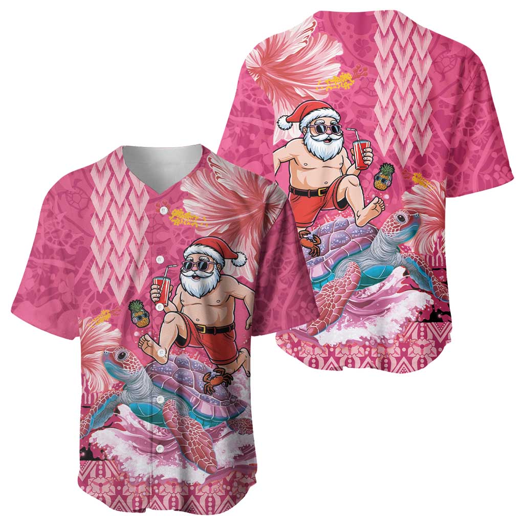 Hawaii Mele Kalikimaka Baseball Jersey Funny Santa with Tribal Tattoos Kakau Pink Color - Polynesian Pride