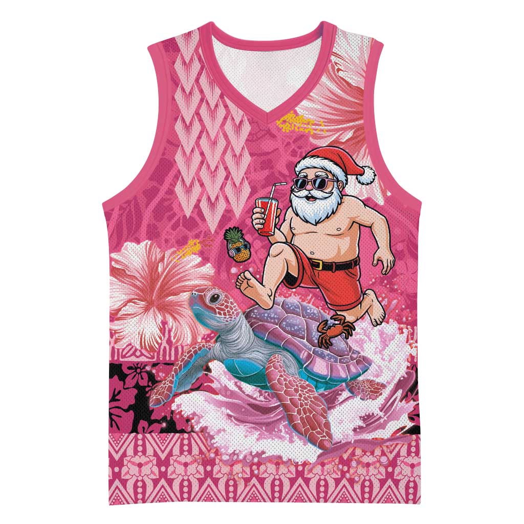 Hawaii Mele Kalikimaka Basketball Jersey Funny Santa with Tribal Tattoos Kakau Pink Color LT03 Unisex Pink - Polynesian Pride
