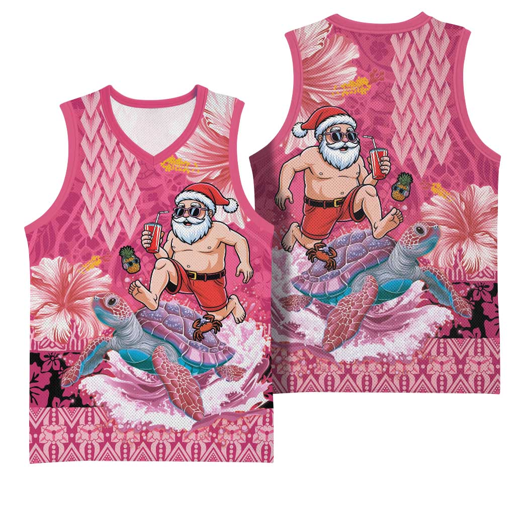 Hawaii Mele Kalikimaka Basketball Jersey Funny Santa with Tribal Tattoos Kakau Pink Color LT03 - Polynesian Pride