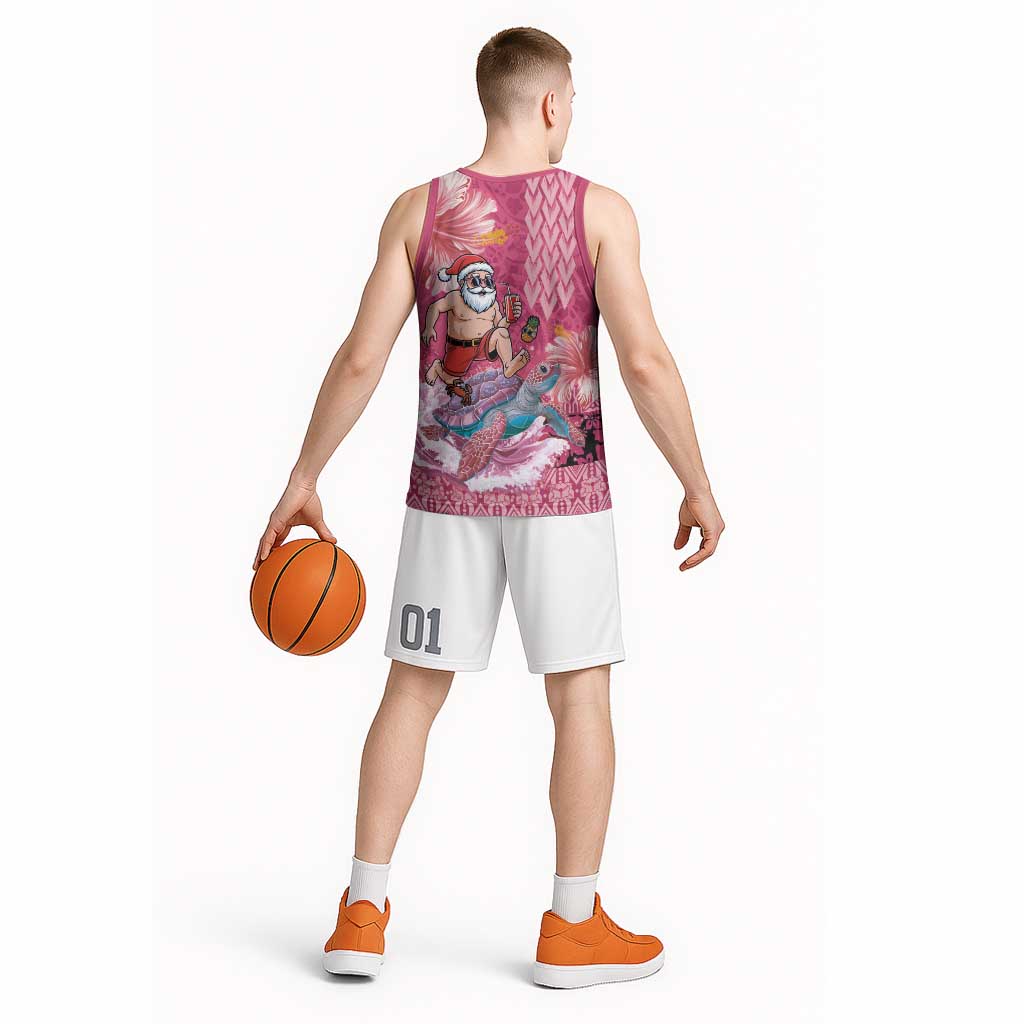 Hawaii Mele Kalikimaka Basketball Jersey Funny Santa with Tribal Tattoos Kakau Pink Color LT03 - Polynesian Pride