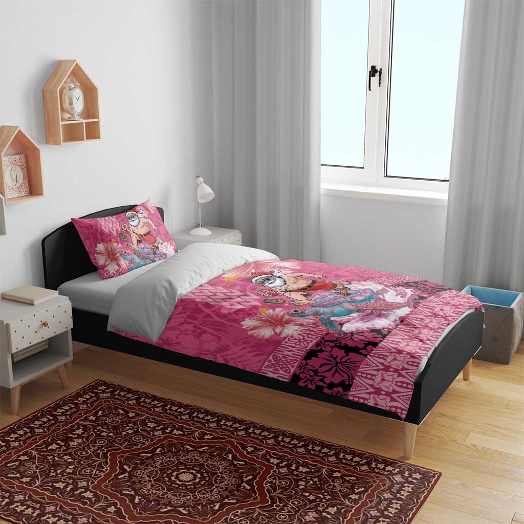 Hawaii Mele Kalikimaka Bedding Set Funny Santa with Tribal Tattoos Kakau Pink Color - Polynesian Pride